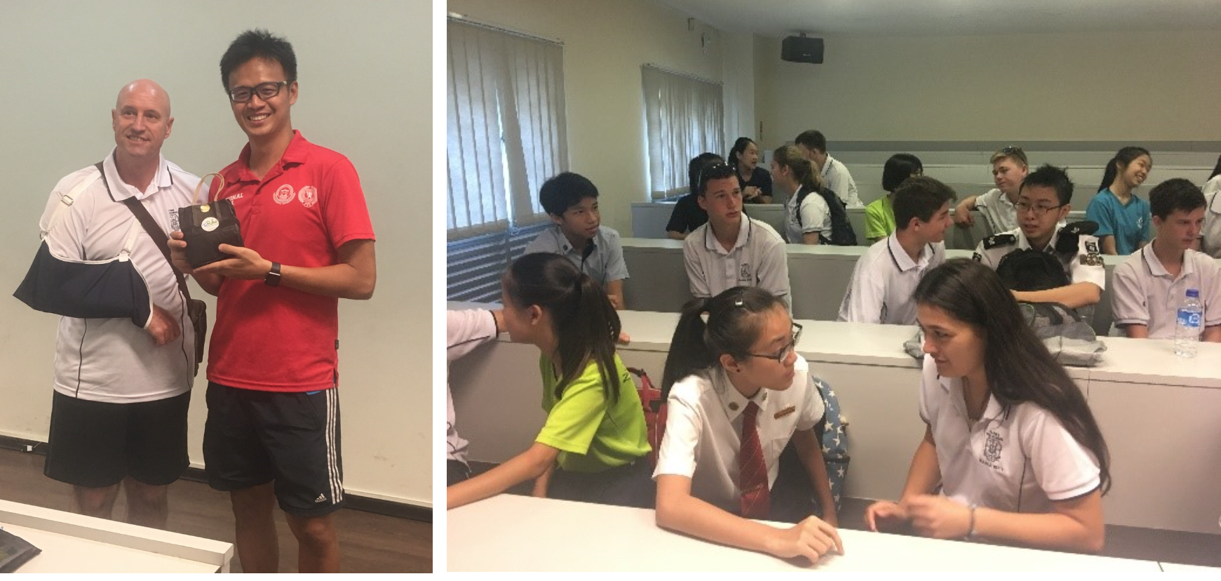 Two men pose holding an item on the left; on the right, students in uniforms sit and chat in a classroom.